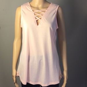 CHVITY SLEEVELESS LIGHT PINK V-LATTICE-NECK BLOUSE